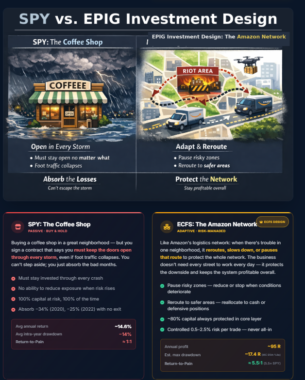 SPY vs EPIG Investment Design — Coffee Shop vs Amazon Network analogy
